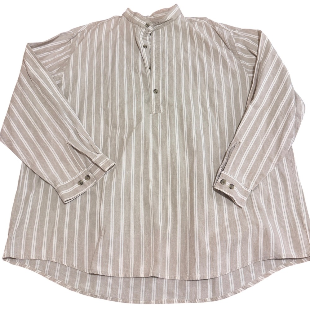 Frontier Classics Mens XL Tan Striped Cotton Band Collar Henley Shirt Western